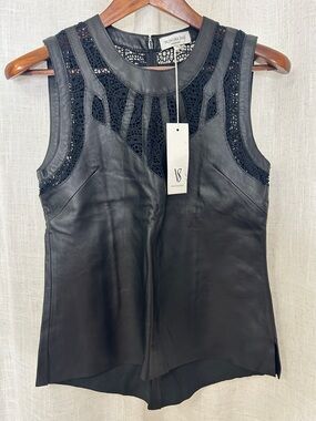 Valentina Shah Black Faux Leather & Lace Sleeveless Top Size Medium Brand New